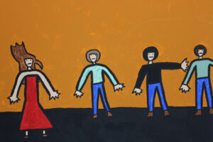 Four people standing on the floor. The walls are orange and the floor is black. There is one woman in a bright red dress.