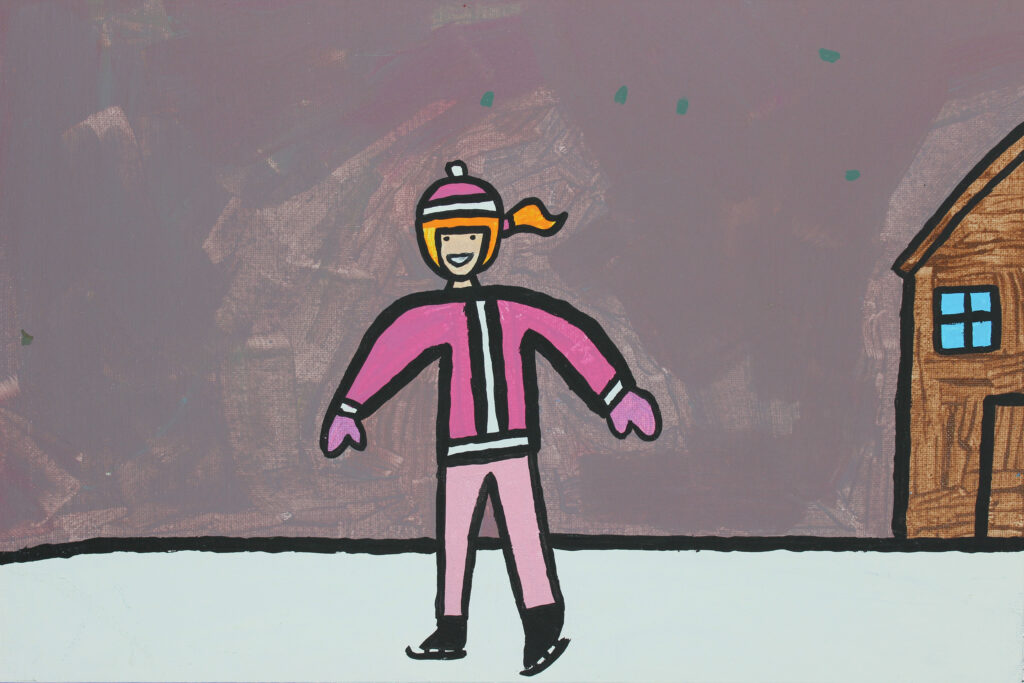 Girl in a snowsuit ice skating.