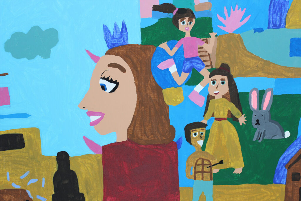 Collage of people, shapes, and animals.