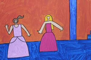 Two girls in ballroom dresses.