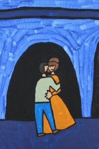 Girl and guy dancing under an archway.