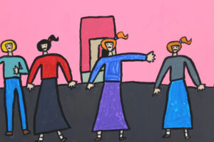 Four people in a room with pink walls.