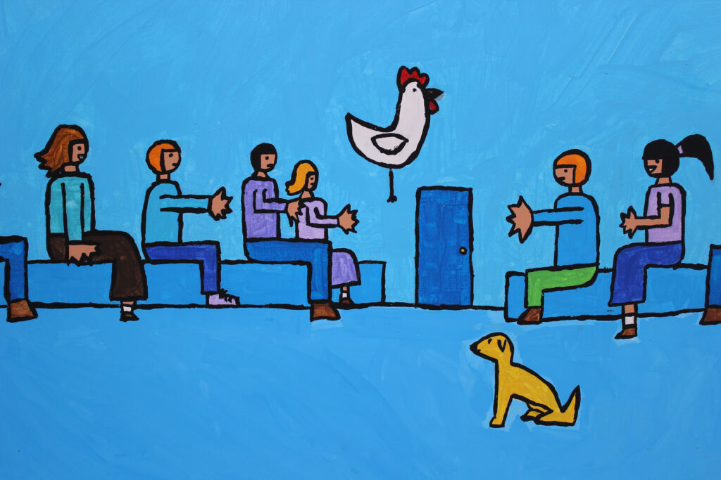 People sitting in a blue room with a chicken and a dog.